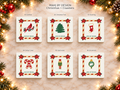 Six square Christmas coaster designs on a festive ivory marble background with evergreen, ornaments and warm lights. Digital product rendering.