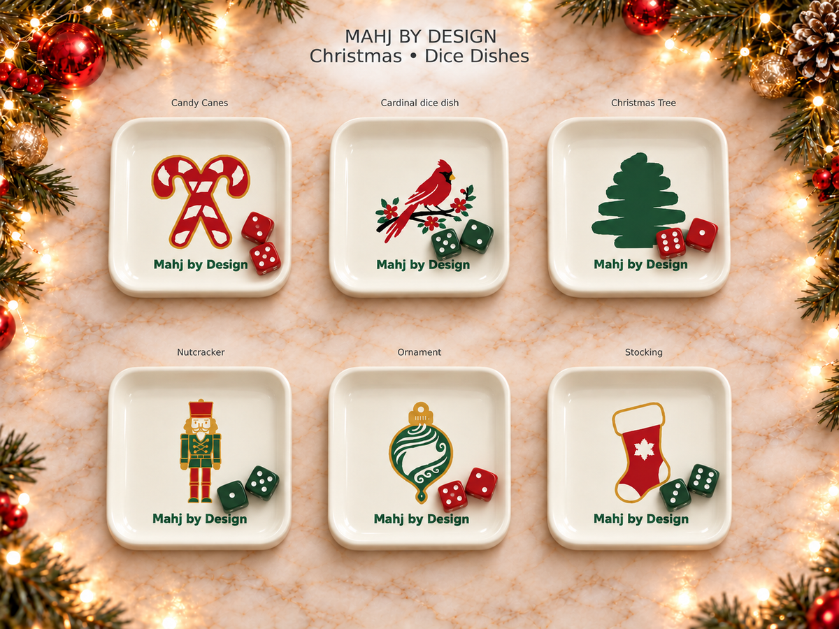 Six Christmas dice tray designs with two matching dice in each tray, alternating red and green pairs, on a festive Christmas background. Digital product rendering.