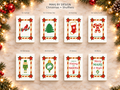 Eight Christmas shuffler designs on a festive ivory marble background with evergreen, ornaments and warm lights. Digital product rendering.