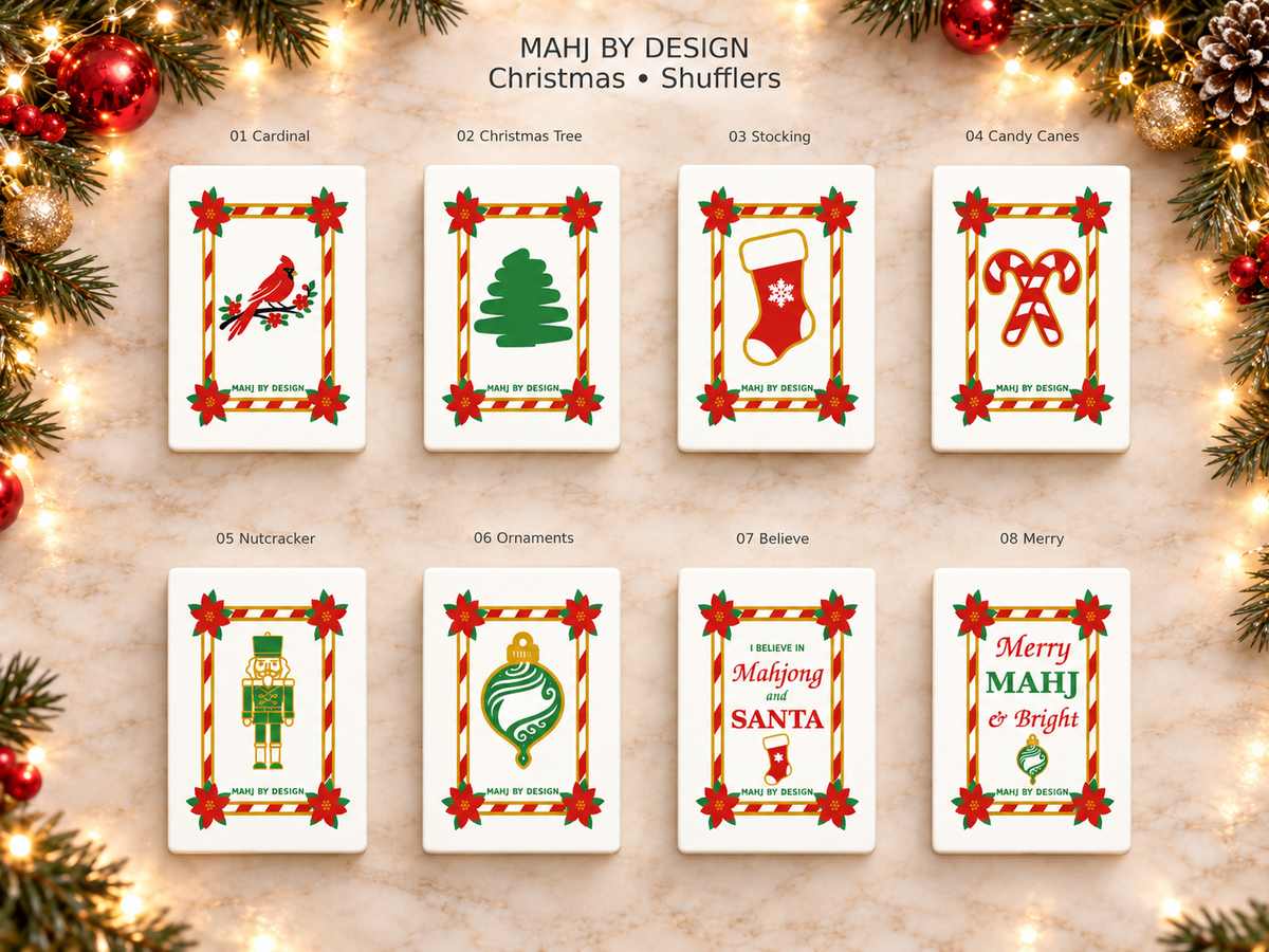 Eight Christmas shuffler designs on a festive ivory marble background with evergreen, ornaments and warm lights. Digital product rendering.