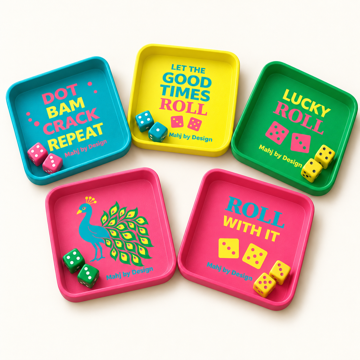 Five Signature dice dishes in a fan arrangement with two coordinating dice in each, on a warm ivory background. Digital product rendering.