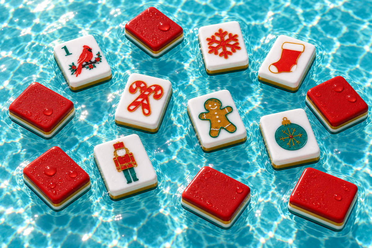 Christmas mahjong tiles floating on turquoise water