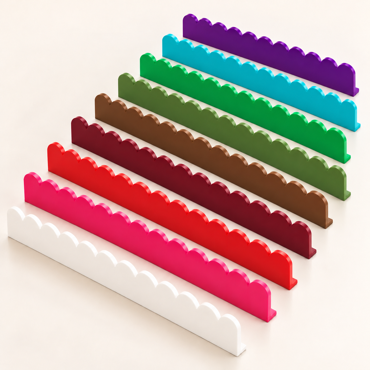 Nine colors: White, Pink, Red, Maroon, Brown, Mistletoe Green, Green, Turquoise, Purple