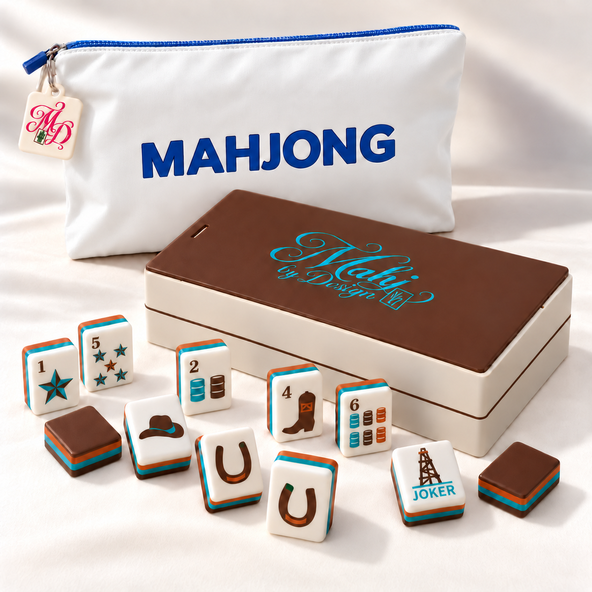 Western tile set with white bag and brown-striped box