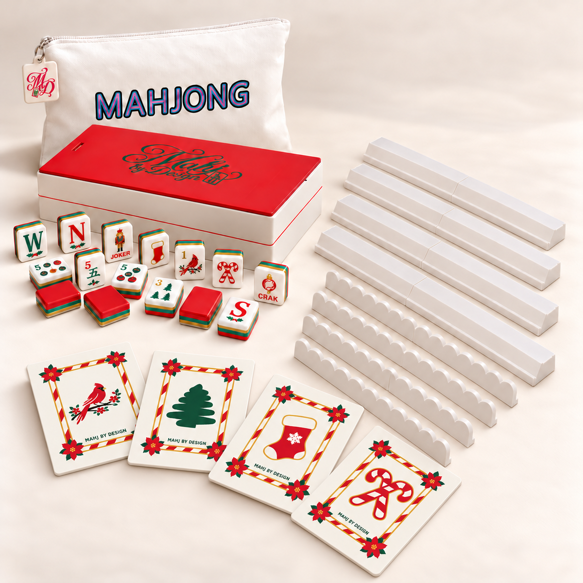 christmas bundle with tagged bag, storage box, sample tiles, four racks, four scalloped pushers and four different shufflers. Digital product rendering.