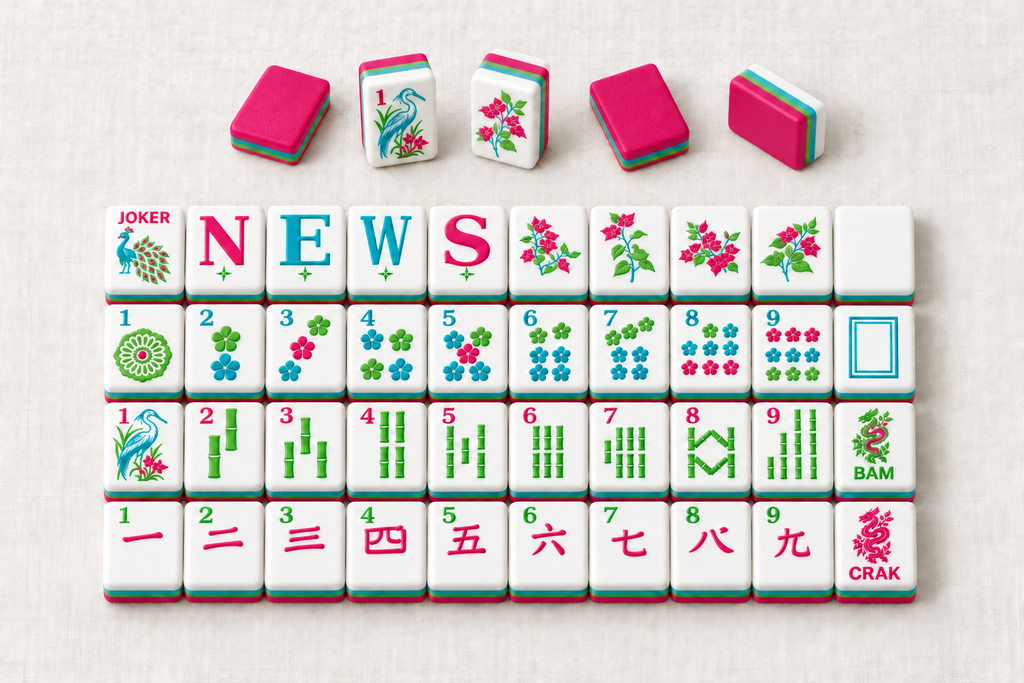 pink mahjong sample tile designs with backs and layered edges. Digital product rendering.