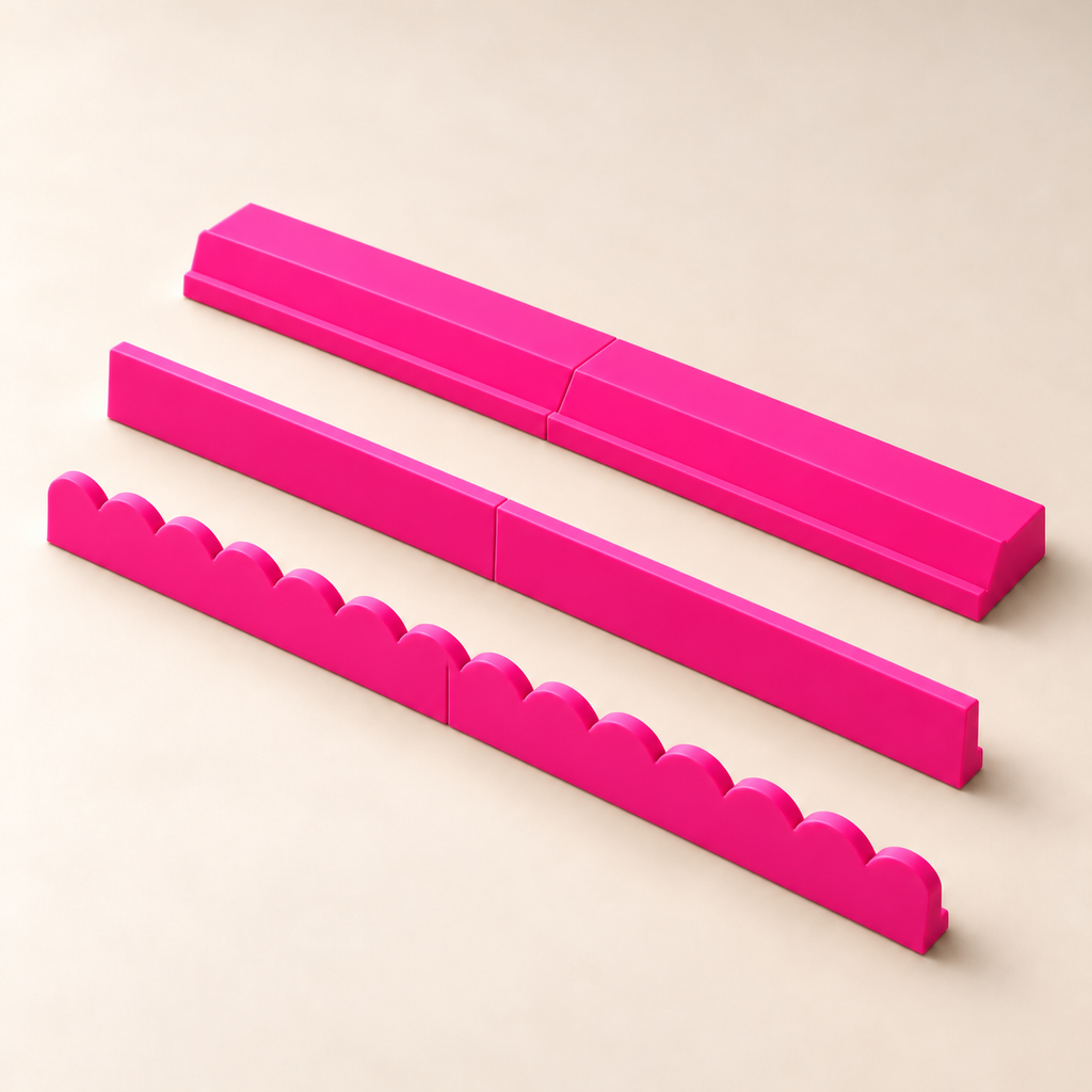 Hot Pink rack with straight and upright scalloped pusher styles. Digital product rendering.