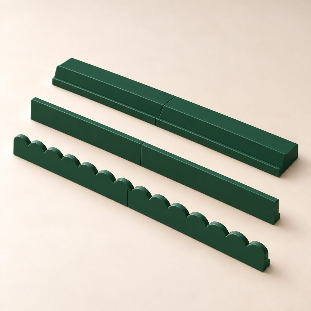 Mistletoe Green rack with straight and upright scalloped pusher styles. Digital product rendering.