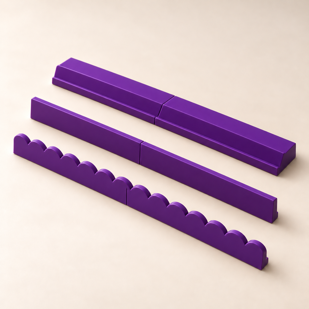 Purple rack with straight and upright scalloped pusher styles. Digital product rendering.