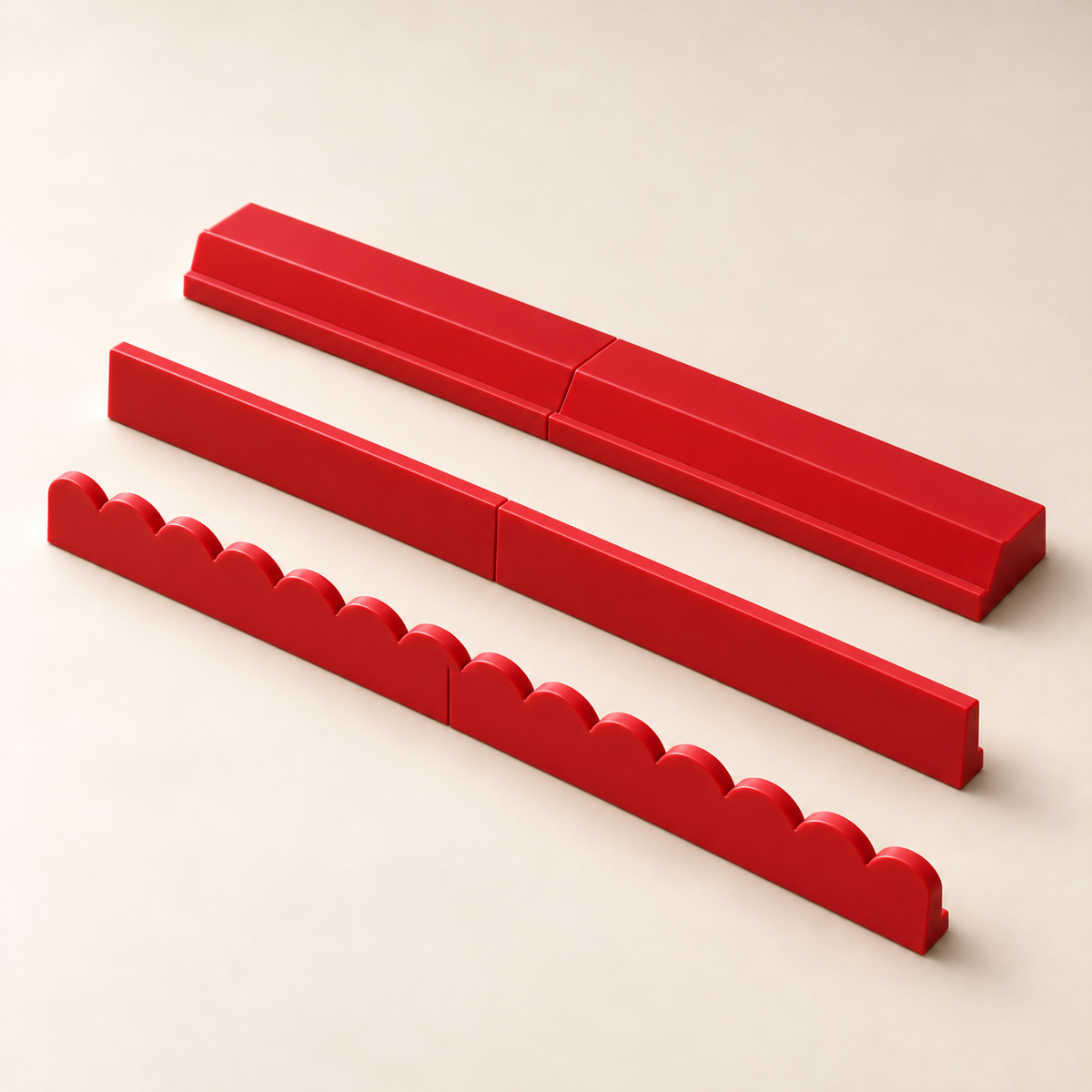 Red rack with straight and upright scalloped pusher styles. Digital product rendering.