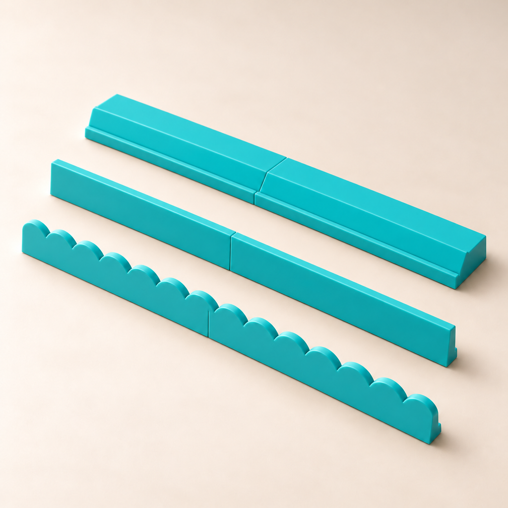 Turquoise rack with straight and upright scalloped pusher styles. Digital product rendering.