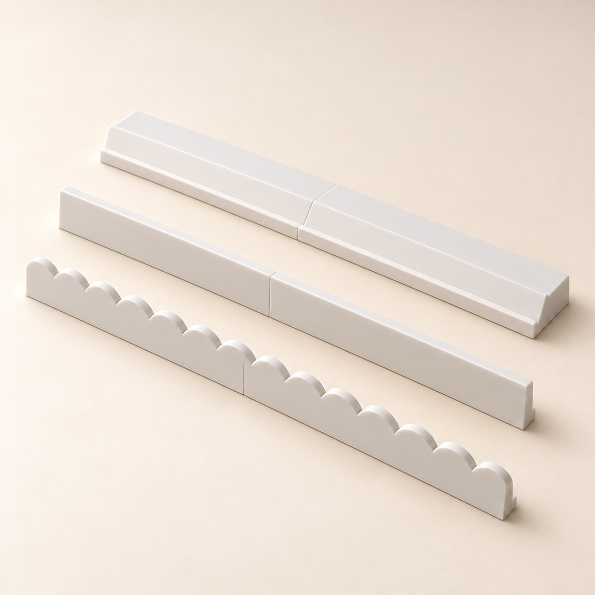 White rack with straight and upright scalloped pusher styles. Digital product rendering.