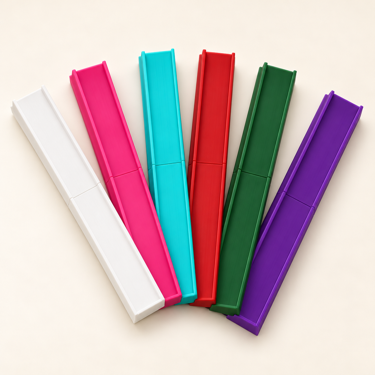 19-inch mahjong racks in White, Hot Pink, Turquoise, Red, Mistletoe Green and Purple, with concealed connectors. Digital product rendering.