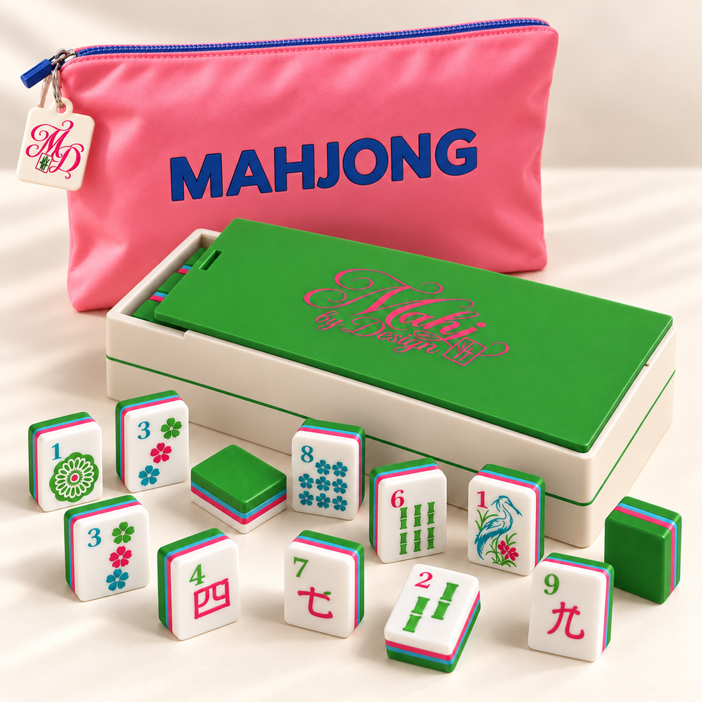 Green Signature mahjong tiles with coordinating box, green lid with pink lettering, and pink bag with MD tag. Digital product rendering.