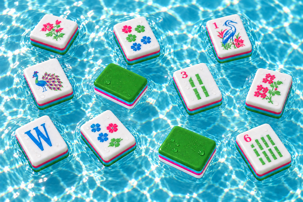 Green Signature mahjong tiles floating on turquoise pool water, showing green backs, turquoise and hot pink bands, and original white faces. Digital product rendering.
