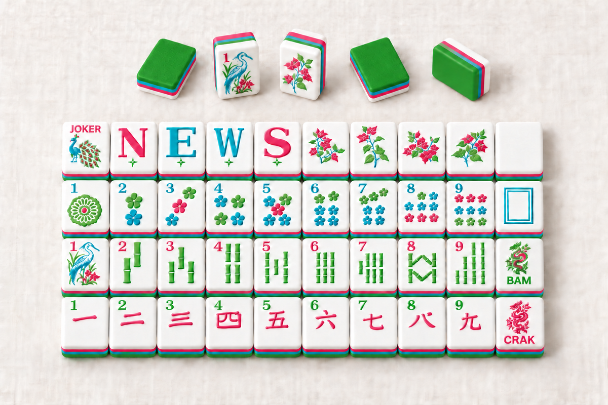 Green Signature sample tile layout showing original face designs, green backs and turquoise and hot pink edge bands. Digital product rendering.