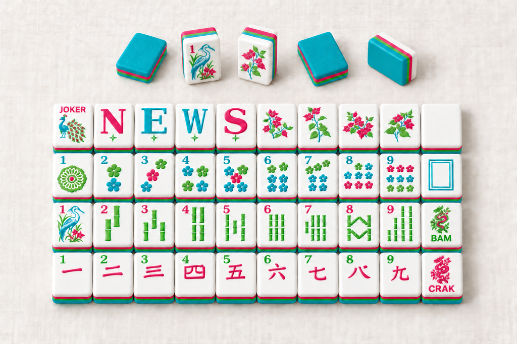 turquoise mahjong sample tile designs with backs and layered edges. Digital product rendering.