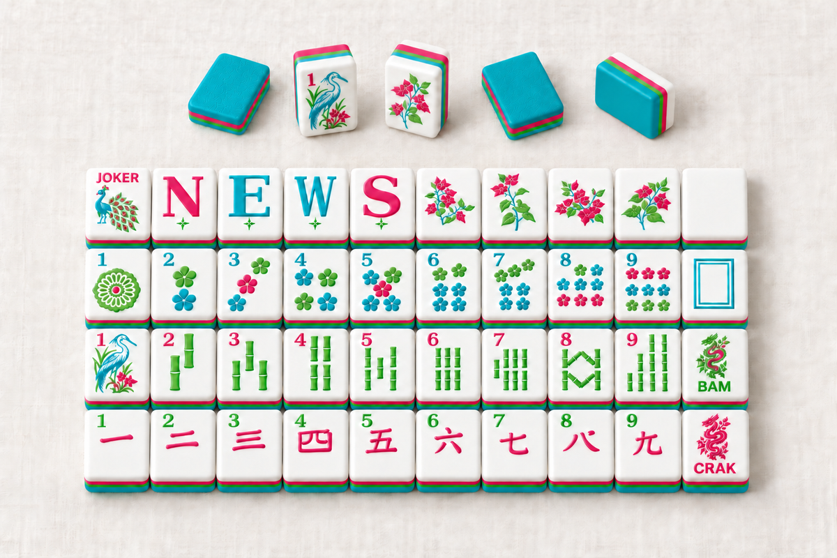 turquoise mahjong sample tile designs with backs and layered edges. Digital product rendering.