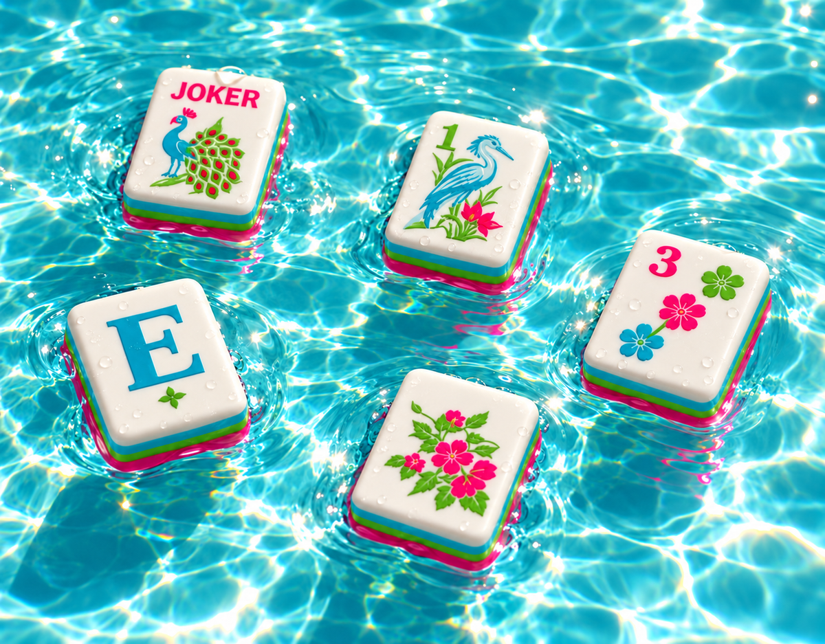 Pink Signature mahjong tiles floating on turquoise water