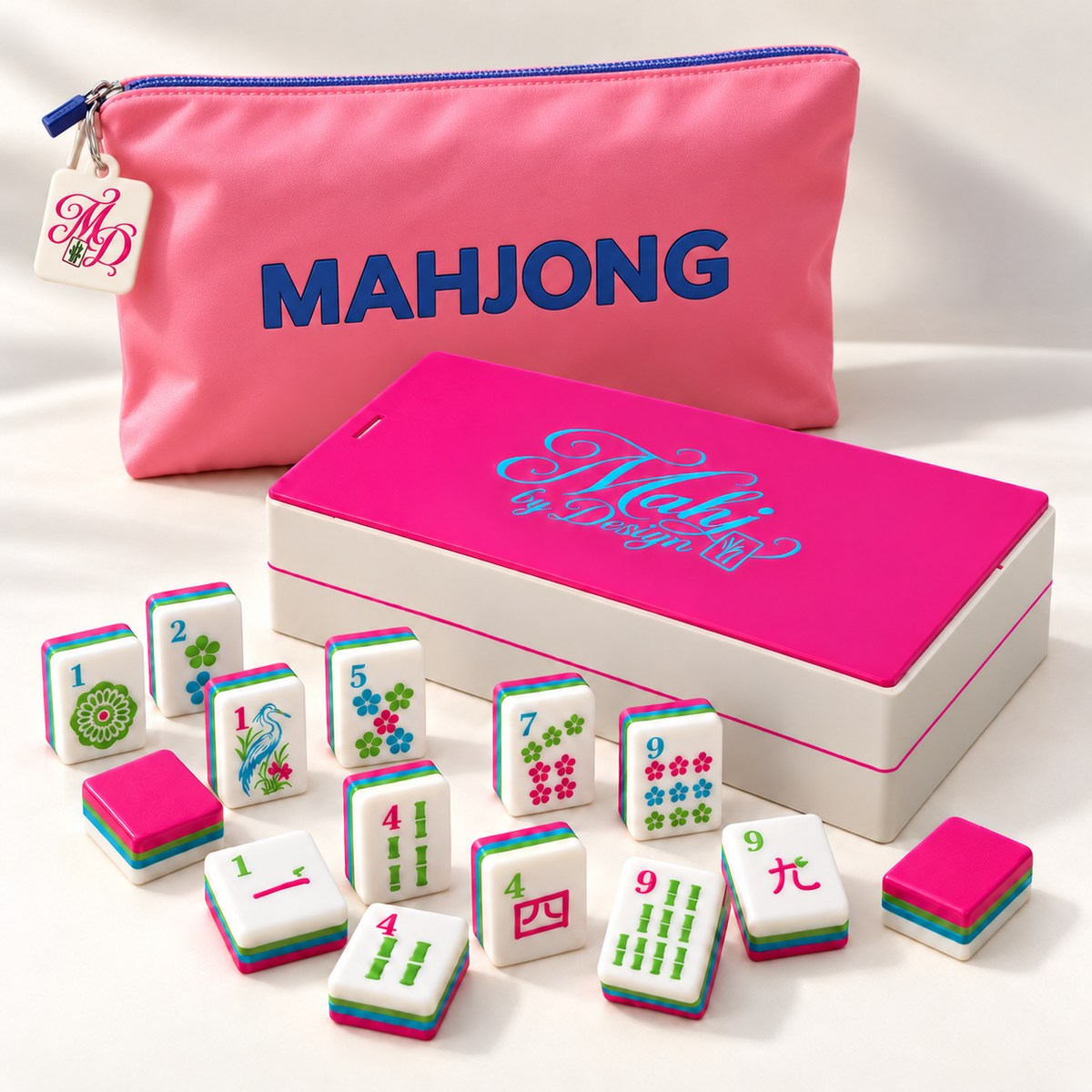 Pink mahjong tiles, coordinating box and pink bag with MD tag