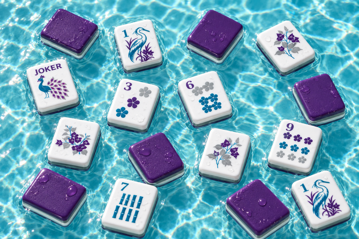 Purple mahjong tiles floating on turquoise pool water