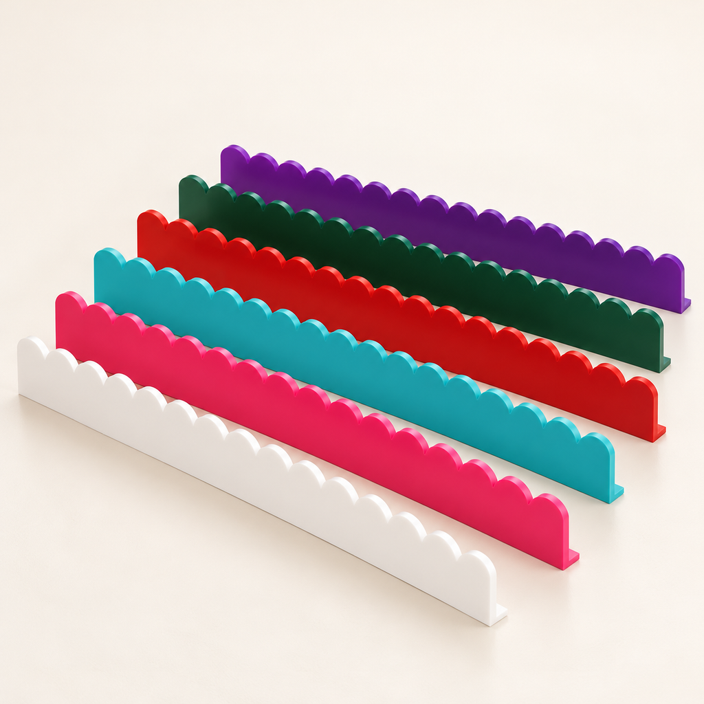 Upright scalloped pushers in white, hot pink, turquoise, red, mistletoe green and purple