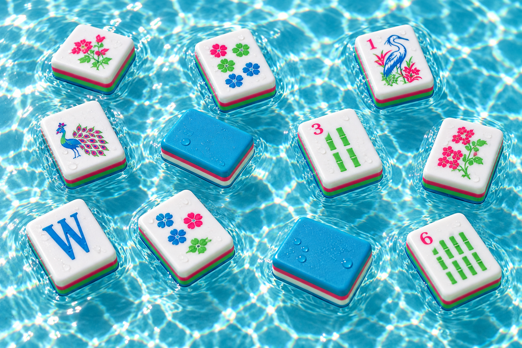 Turquoise mahjong tiles floating on pool water
